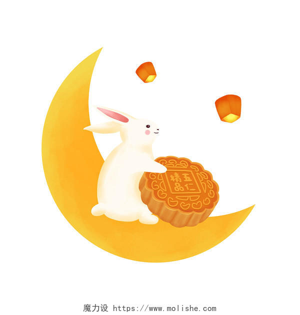 中秋节卡通手绘插画可爱兔子月饼月亮免抠psd素材